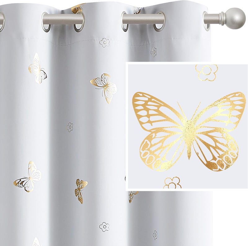 Jubilantex Gold Butterfly Blackout Curtains on Greyish White with Black Layer,Thermal Insulated Window Curtains for Bedroom Girls Room,52x84,2 Panels - Image 2